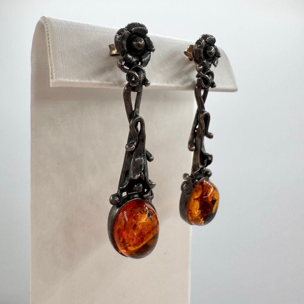 Amber Patina’d Silver Earrings Art Nouveau Style Floral Acid Tested Ornate 4.78g - Picture 5 of 13